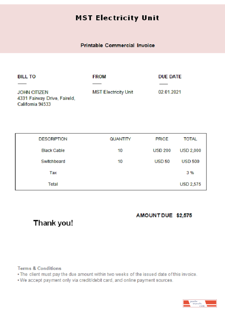 USA MST Electricity Unit invoice PSD template